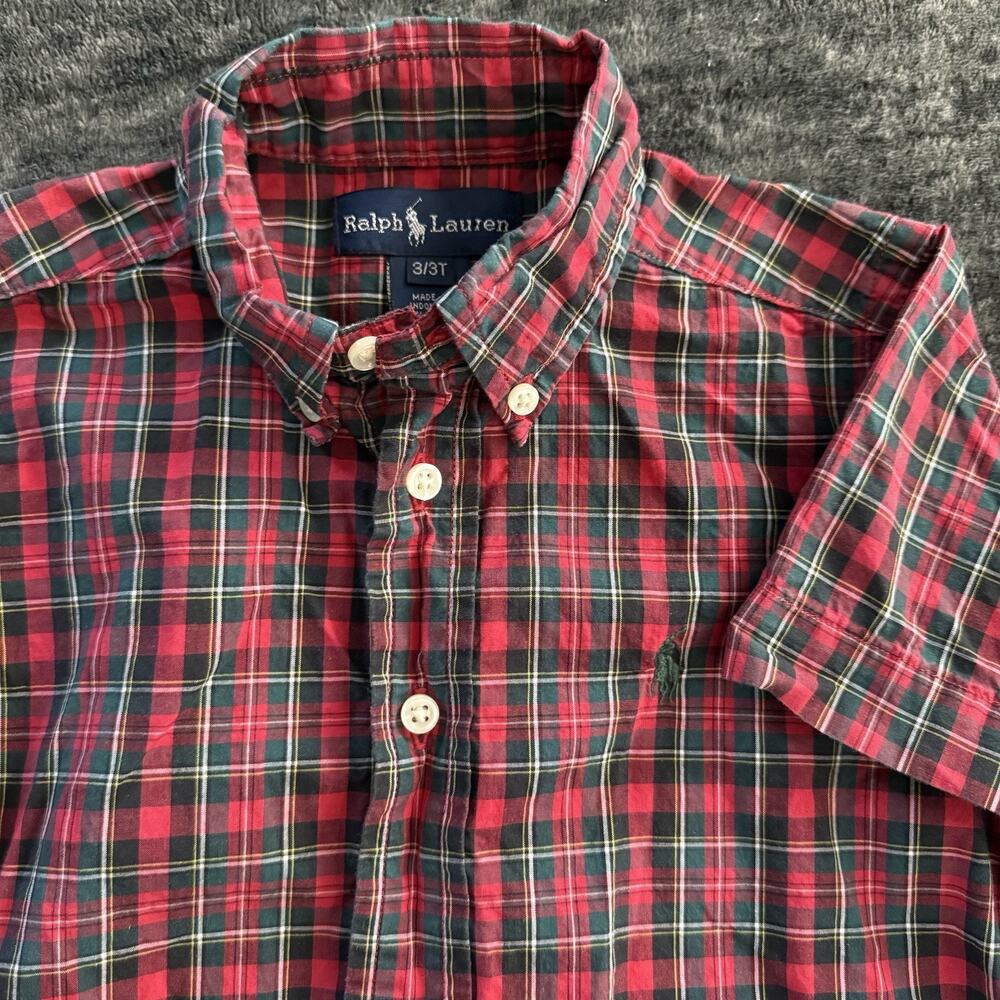 Ralph Lauren Boys Toddler Plaid Button Down Shirt Size 3T Red Short Sleeve